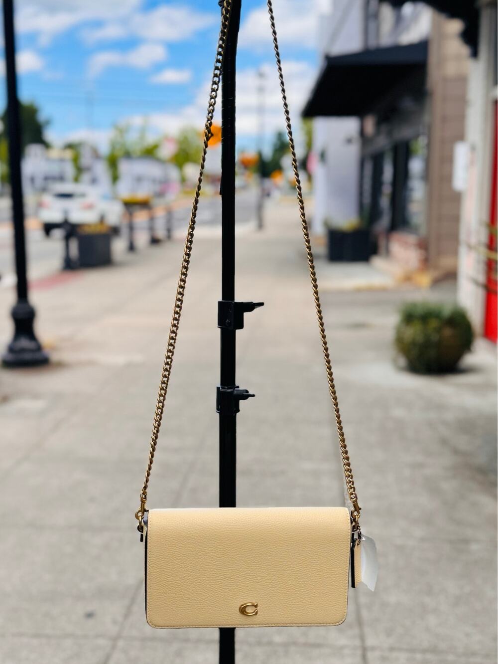 COACH Mila Signature Canvas Cream Full Grain Leather Chain Crossbody Bag CAO01